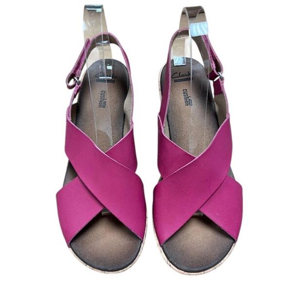 CLARKS Stasha Hale4 Criss Cross Slingback Wedge Shoes in Fuscia Hot Pink Sz 9M - Picture 2 of 7